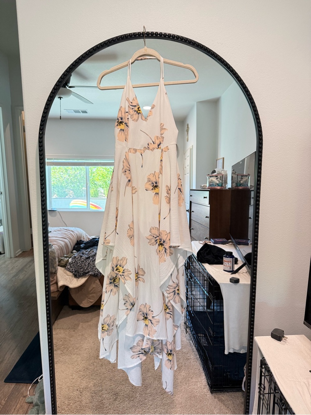 Floral Handkerchief-Hem Halter Dress - White with Yellow Floral